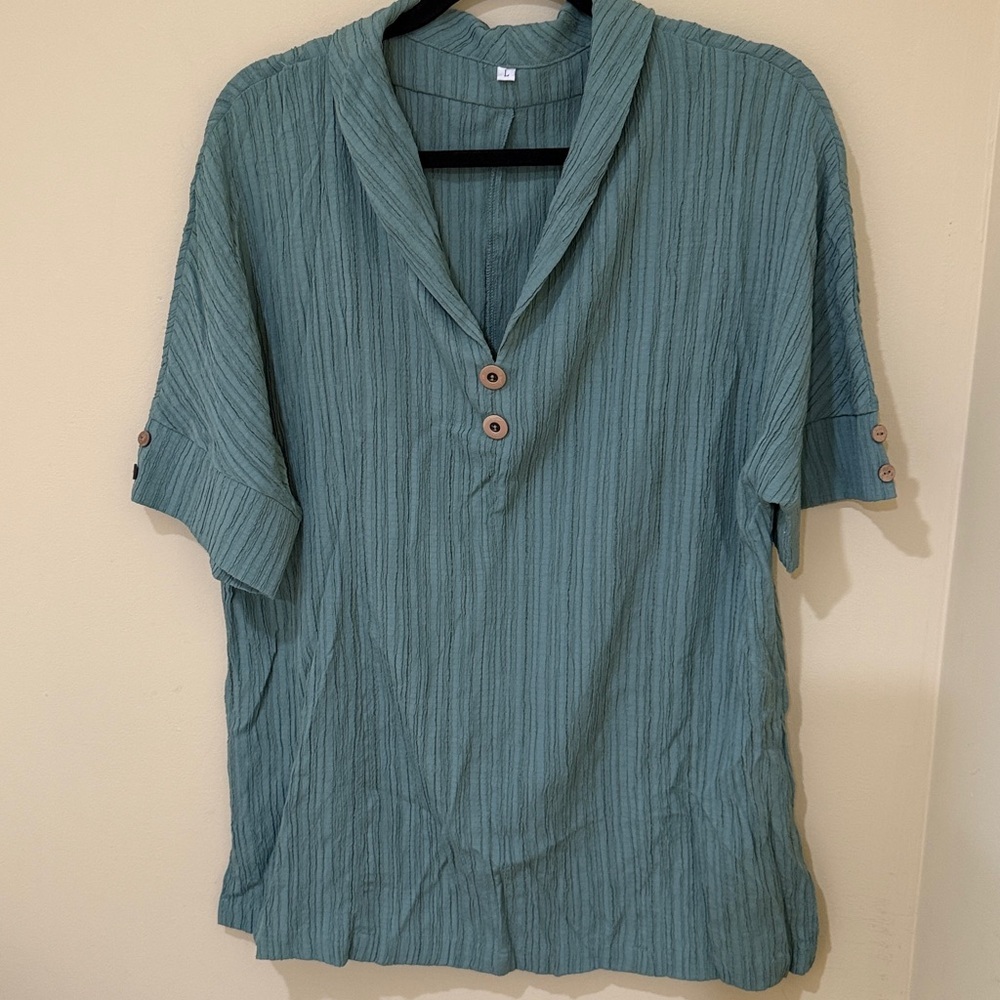 Elegant Teal Button- Short Sleeve turn down Blouse for Women Size Large - Picture 10 of 12